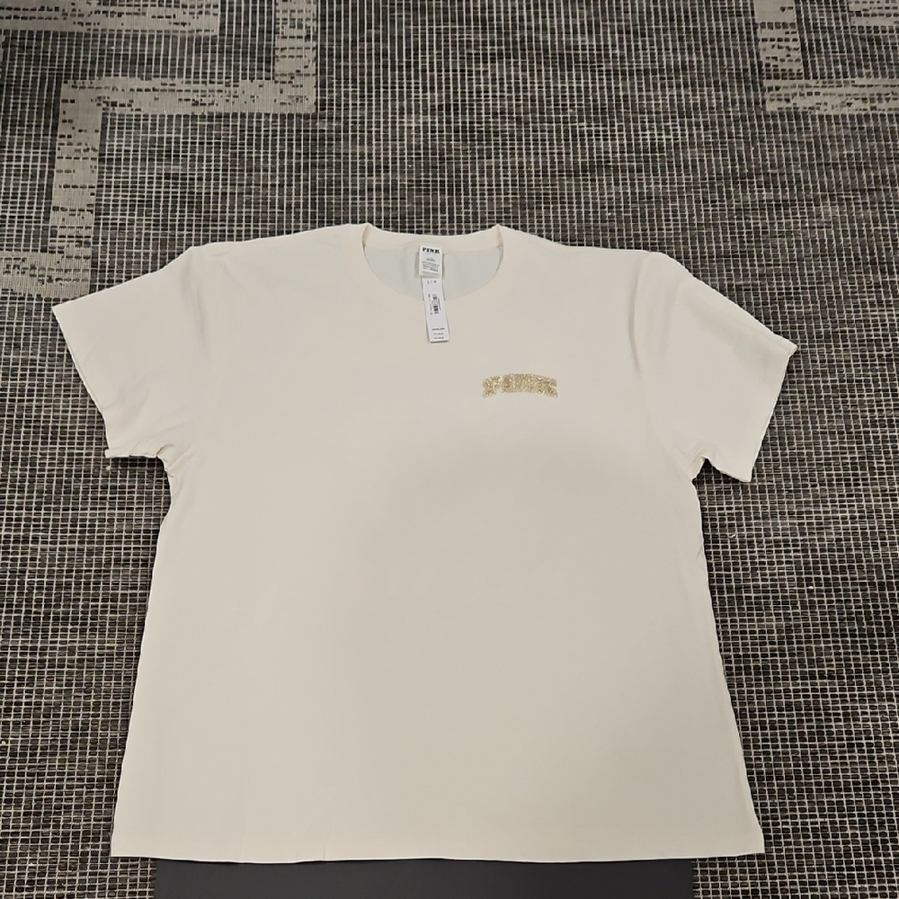 PINK by Victoria's Secret Varsity Cream Tee with Gold Sparkly PINK graphic